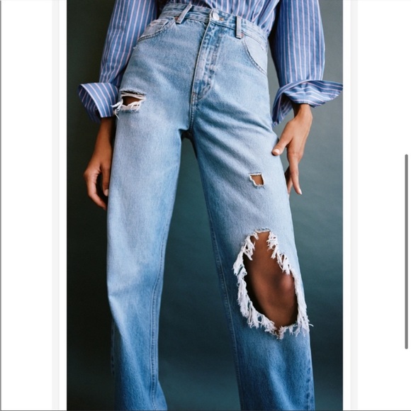 Zara Jeans Zara Wide Leg Full Length Ripped Jeansmidblue Ref 645025